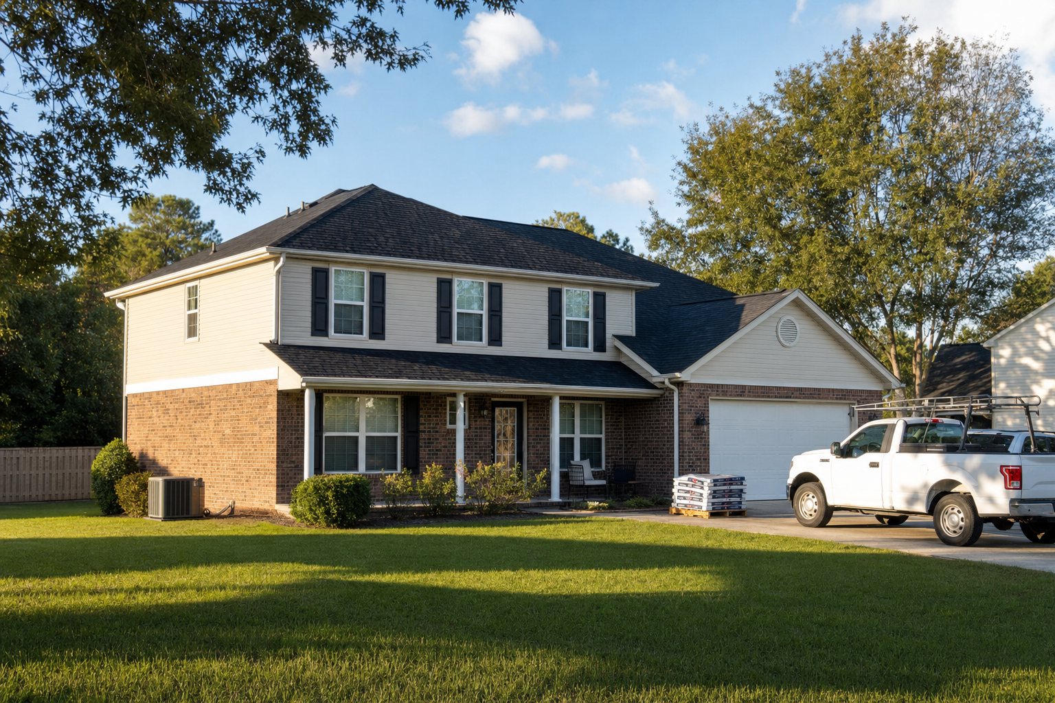 A family home with a freshly replaced roof, a new AC unit beside the house and a work truck in the driveway.